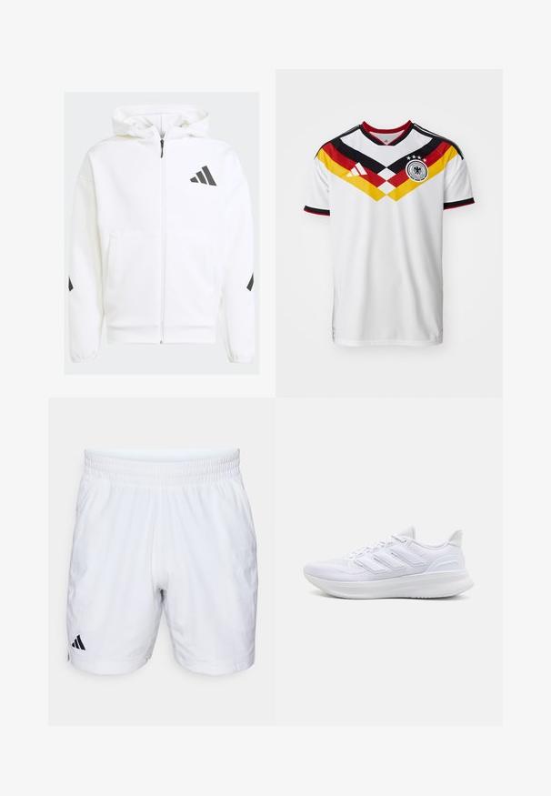 White zip-up hoodie with a hood. Features black logo and accents on shoulders. Made from soft material, smooth texture. Front pockets included.; White soccer jersey with black and red accents, featuring a yellow and red diagonal design, three stars, and the Adidas logo.; White athletic shorts with an elastic waistband, featuring a textured fabric and a black Adidas logo on the lower left side.; White athletic shoes featuring a textured mesh upper, supportive cushioned sole, and three stripe design on the side.