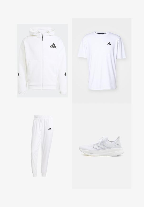 Fehér cipzáras kapucnis pulóver. Fekete logóval és vállrészen található kiegészítőkkel ellátva. Puha anyagból készült, sima textúrával. Elöl zsebek találhatóak.; Fehér, rövid ujjú póló sima tapintású anyagból. Az elülső részen fekete adidas logó található a bal mellrészen, valamint mintás gallér jellemzi.; Fehér sportnadrág sima anyagból, rugalmas derékpánttal és szűkített bokákkal, a hátsó zsebében fekete logóval.; Fehér futócipő, textúrált kötött felsőrészével, három átlós csíkkal és a "Light Boost" felirattal ellátott jellegzetes párnázású talppal.