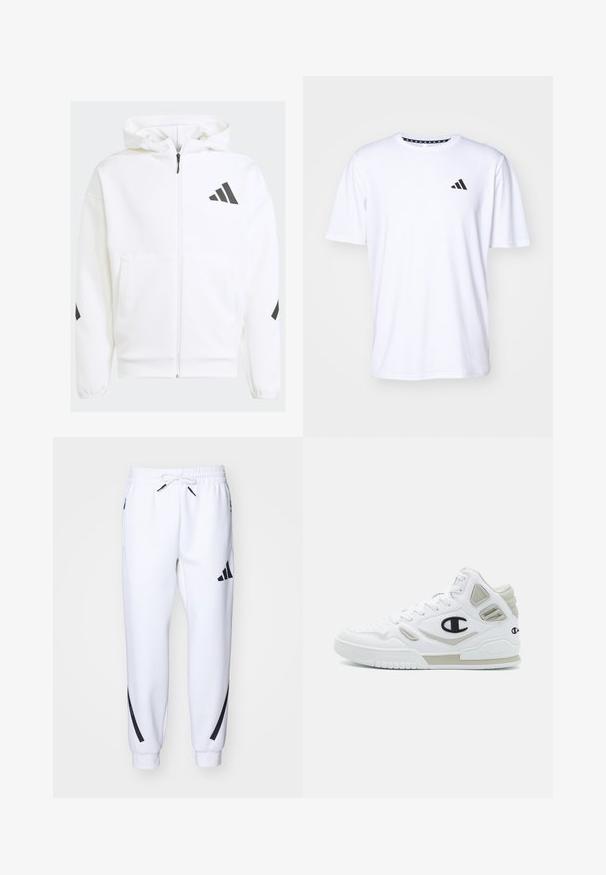 Weiße Zip-Hoodie mit Kapuze. Verfügt über schwarzes Logo und Akzente an den Schultern. Aus weichem Material mit glatter Textur gefertigt. Mit vorderen Taschen.; Weißes T-Shirt mit kurzen Ärmeln aus glattem Stoff. Verfügt über ein schwarzes adidas-Logo auf der linken Brust und einen gemusterten Kragen.; Weiße sportliche Jogginghosen mit schwarzen Akzenten, aus weichem Stoff, mit elastischem Bund, Kordelzugverschluss und Seitentaschen.; Champion 3 POINT TECH MID - Basketballschuh - white/light grey