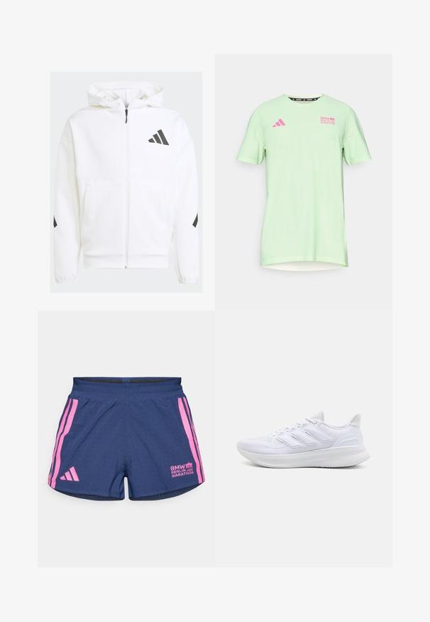 Weiße Zip-Hoodie mit Kapuze. Verfügt über schwarzes Logo und Akzente an den Schultern. Aus weichem Material mit glatter Textur gefertigt. Mit vorderen Taschen.; adidas Performance BER25 TEE - Sport T-Shirt - semi green spark; adidas Performance BER25 SPLIT SHORT - Kurze Sporthose - collegiate navy; Weiße Sportschuhe mit einem strukturierten Mesh-Obermaterial, einer stützenden gepolsterten Sohle und einem drei Streifen-Design an der Seite.