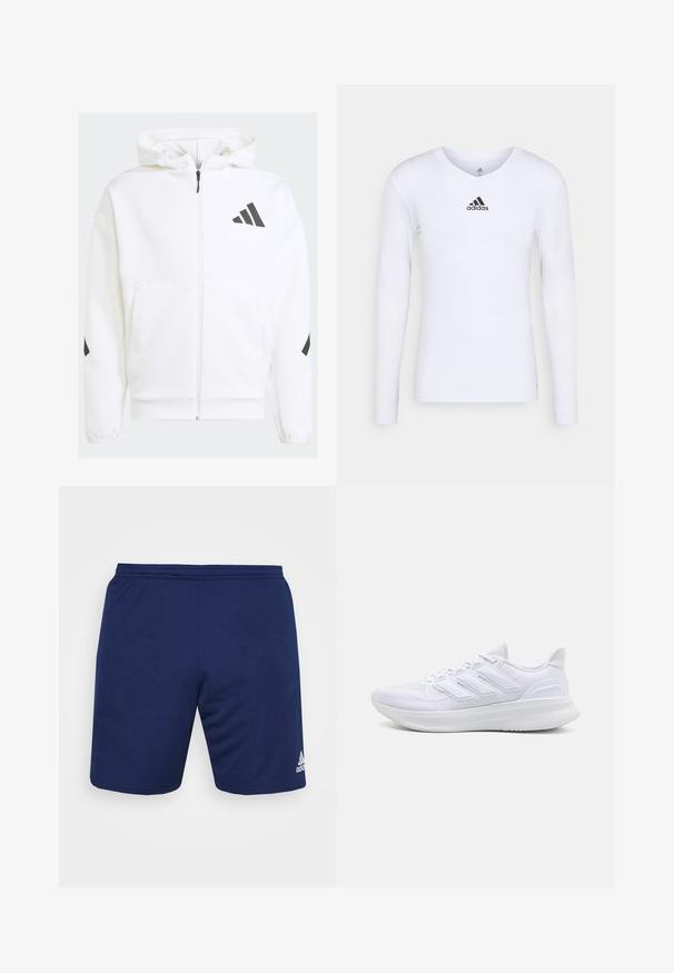 White zip-up hoodie with a hood. Features black logo and accents on shoulders. Made from soft material, smooth texture. Front pockets included.; Long-sleeve white athletic shirt made of smooth material featuring a black Adidas logo at the chest; V-neck design and fitted shape.; Navy athletic shorts made of breathable fabric. Features an elastic waistband and the Adidas logo in white on the bottom right side.; White athletic shoes featuring a textured mesh upper, supportive cushioned sole, and three stripe design on the side.