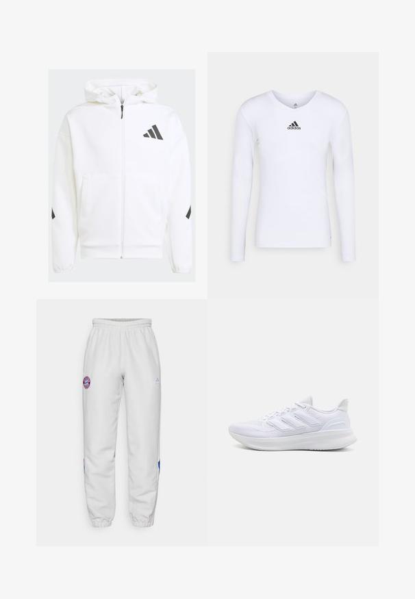 Weiße Zip-Hoodie mit Kapuze. Verfügt über schwarzes Logo und Akzente an den Schultern. Aus weichem Material mit glatter Textur gefertigt. Mit vorderen Taschen.; Langärmliges weißes Sportshirt aus glattem Material mit einem schwarzen Adidas-Logo auf der Brust; V-Ausschnitt-Design und figurbetonte Form.; Weiße Sporthosen mit elastischem Bund, die auf dem linken Oberschenkel ein kreisförmiges Logo und blaue, rote Akzente an den Seiten aufweisen.; Weiße Sportschuhe mit einem strukturierten Mesh-Obermaterial, einer stützenden gepolsterten Sohle und einem drei Streifen-Design an der Seite.