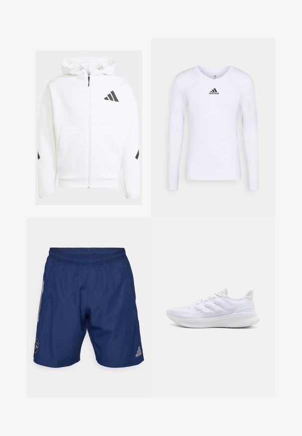 Weiße Zip-Hoodie mit Kapuze. Verfügt über schwarzes Logo und Akzente an den Schultern. Aus weichem Material mit glatter Textur gefertigt. Mit vorderen Taschen.; Langärmliges weißes Sportshirt aus glattem Material mit einem schwarzen Adidas-Logo auf der Brust; V-Ausschnitt-Design und figurbetonte Form.; Marineblaue Sportshorts aus leichtem Stoff, mit elastischem Bund, seitlichen Taschen und Adidas-Logo unten rechts.; Weiße Sportschuhe mit einem strukturierten Mesh-Obermaterial, einer stützenden gepolsterten Sohle und einem drei Streifen-Design an der Seite.