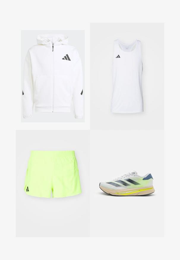 White zip-up hoodie with a hood. Features black logo and accents on shoulders. Made from soft material, smooth texture. Front pockets included.; White sleeveless athletic tank top made of lightweight fabric, featuring black Adidas logo on the left chest and a scoop neckline.; Neon yellow athletic shorts with an elastic waistband, side pockets, and a black logo at the lower left. Smooth, lightweight fabric.; adidas Performance ADIZERO SL2 - Road running shoes - dash grey/core black/lucid lemon