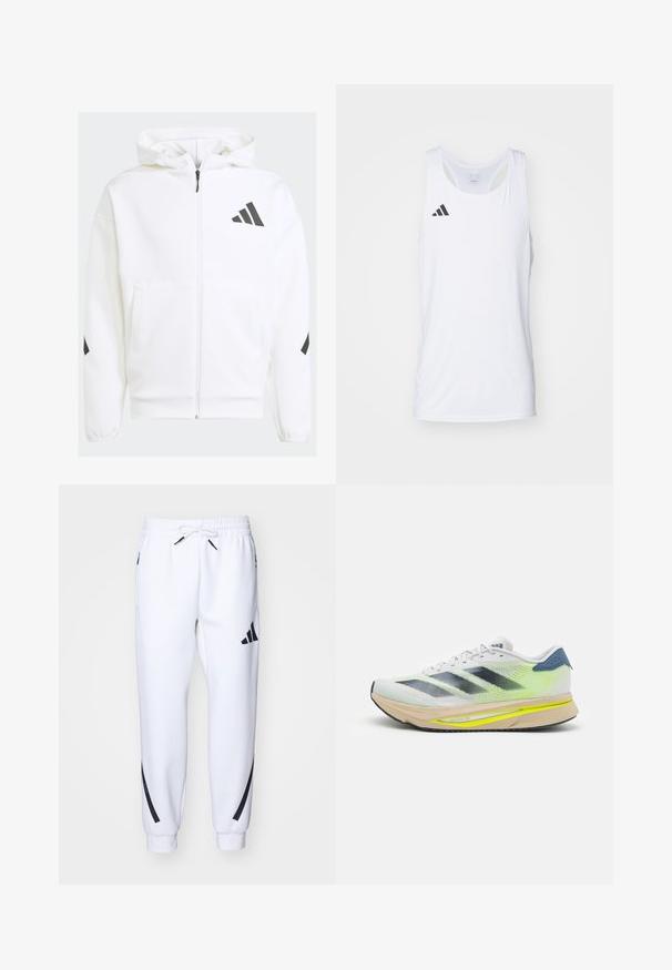 Weiße Zip-Hoodie mit Kapuze. Verfügt über schwarzes Logo und Akzente an den Schultern. Aus weichem Material mit glatter Textur gefertigt. Mit vorderen Taschen.; Weißes ärmelloses sportliches Tanktop aus leichtem Stoff, mit schwarzem Adidas-Logo auf der linken Brust und einem runden Ausschnitt.; Weiße sportliche Jogginghosen mit schwarzen Akzenten, aus weichem Stoff, mit elastischem Bund, Kordelzugverschluss und Seitentaschen.; adidas Performance ADIZERO SL2 - Laufschuh Straße - dash grey/core black/lucid lemon