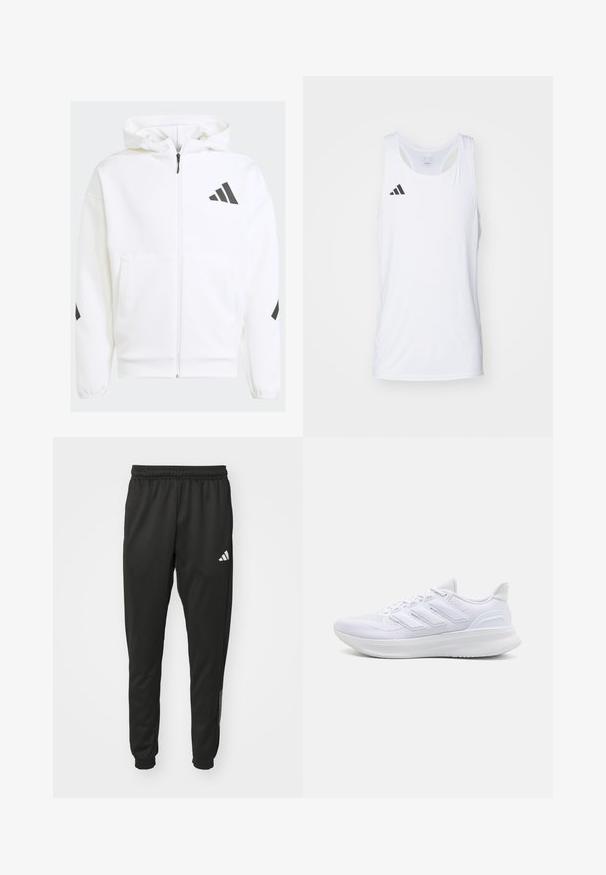 White zip-up hoodie with a hood. Features black logo and accents on shoulders. Made from soft material, smooth texture. Front pockets included.; White sleeveless athletic tank top made of lightweight fabric, featuring black Adidas logo on the left chest and a scoop neckline.; Black athletic joggers with an elastic waistband, tapered legs, and a white logo on the upper left. Made from smooth, breathable material.; White athletic shoes featuring a textured mesh upper, supportive cushioned sole, and three stripe design on the side.