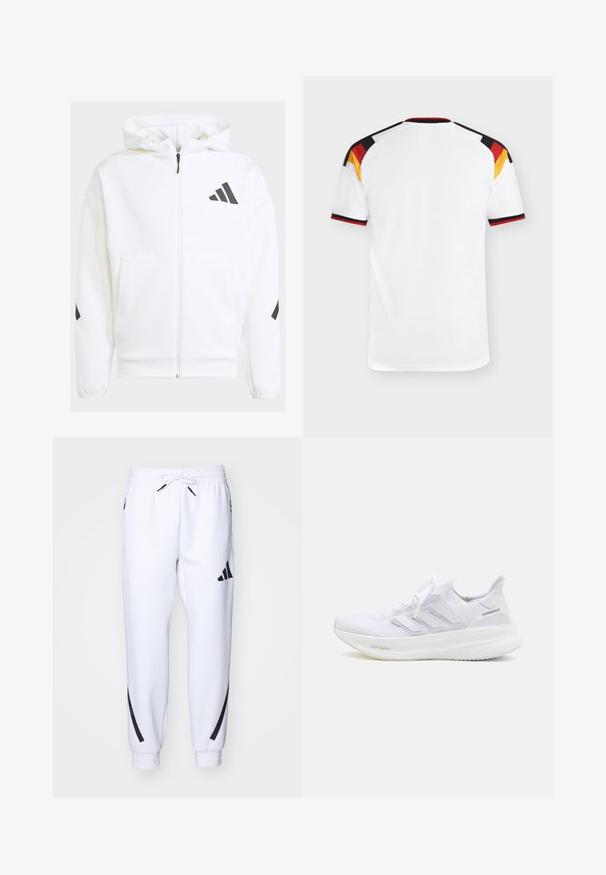 Witte zip-up hoodie met een capuchon. Kenmerkt zich door een zwart logo en accenten op de schouders. Gemaakt van zacht materiaal met een gladde textuur. Inclusief zakken aan de voorkant.; Witte sporttrui met korte mouwen, voorzien van zwarte, rode en gele accenten op de schouders. Geribbelde halslijn, lichtgewicht stof.; Witte sportieve joggers met zwarte accenten, gemaakt van zachte stof, met een elastische tailleband, trekkoordsluiting en zijzakken.; Witte hardloopschoen met een gestructureerde gebreide bovenkant, drie diagonaal geribbelde strepenlogo en een kenmerkende dempende zool met het label "Light Boost."