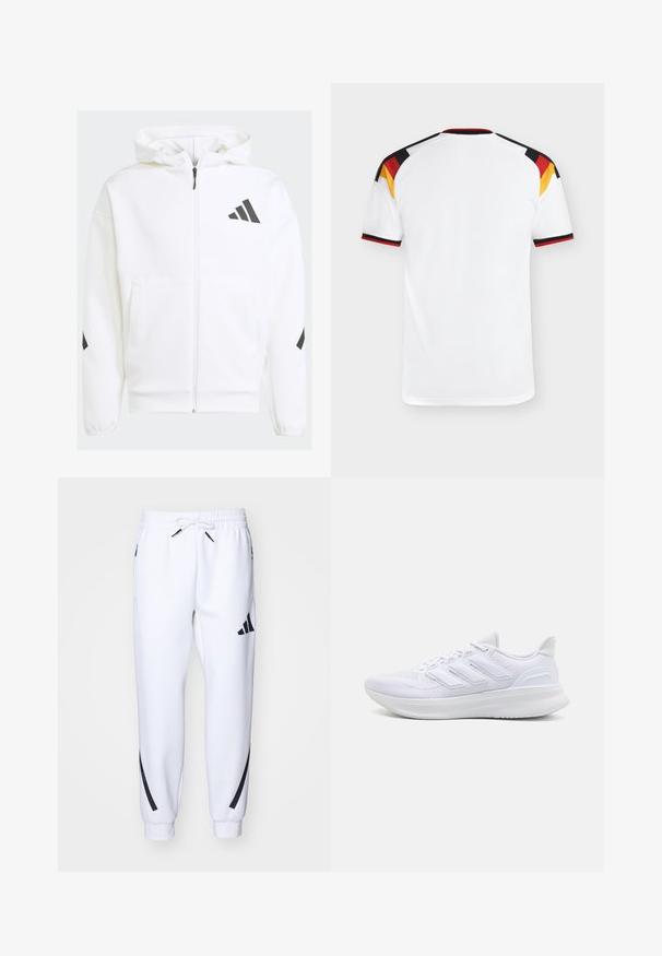Sudadera blanca con cremallera y capucha. Presenta un logo negro y detalles en los hombros. Hecha de material suave, con textura lisa. Incluye bolsillos frontales.; Camiseta deportiva blanca de manga corta, con detalles en negro, rojo y amarillo en los hombros. Cuello de canalé, tejido ligero.; Pantalones deportivos blancos con detalles en negro, confeccionados en una tela suave, que cuentan con una cintura elástica, cierre con cordón y bolsillos laterales.; Zapatillas deportivas blancas con una parte superior de malla texturizada, suela acolchada y soporte, y un diseño de tres rayas en el lateral.