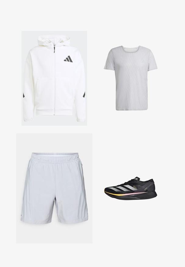 Biela mikina na zips s kapucňou. Obsahuje čierne logo a akcenty na pleciach. Vyrobená z mäkkého materiálu, hladkej textúry. Obsahuje predné vrecká.; Biely tričko s krátkym rukávom so subtilnou prúžkovanou textúrou a okrúhlym výstrihom. Obsahuje malé logo na ľavej strane hrude.; adidas Performance SHORT - Športové šortky - halo silver; adidas Performance ADIZERO TAKUMI SEN 10 - Cestná bežecká obuv - core black metalic spark