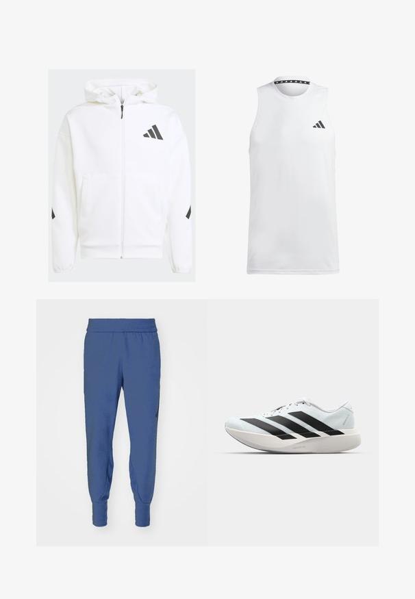 Biała bluza z zamkiem błyskawicznym i kapturem. Zawiera czarne logo oraz akcenty na ramionach. Wykonana z miękkiego materiału o gładkiej teksturze. Posiada kieszenie z przodu.; Biała bezrękawnik sportowy wykonany z gładkiego materiału. Posiada czarne logo na lewej piersi oraz wzorzysty czarny dekolt.; Niebieskie dresy wykonane z miękkiego materiału, z elastycznym pasem, zwężającymi się kostkami i boczną kieszenią. Gładka tekstura.; Lekkie buty do biegania w jasnoniebieskim kolorze z czarnymi pasami. Posiadają gładką cholewkę, okrągły nosek oraz grubą białą podeszwę środkową oznaczoną "LIGHTSTRIKE PRO."