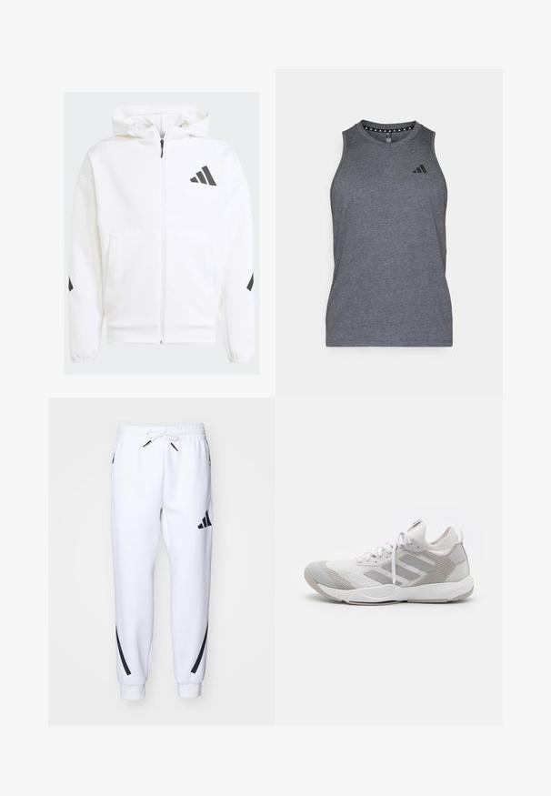 Felpa bianca con zip e cappuccio. Presenta un logo nero e dettagli neri sulle spalle. Realizzata in materiale morbido, con una texture liscia. Tasche frontali incluse.; Canotta atletica grigia realizzata in un materiale leggero, con scollatura rotonda e logo nero del marchio sul lato sinistro del petto.; Pantaloni da jogging bianchi con dettagli neri, realizzati in tessuto morbido, dotati di vita elasticizzata, chiusura con cordoncino e tasche laterali.; adidas Performance RAPIDMOVE ADVANCED TRAINER - Scarpe da allenamento - footwear white/grey one