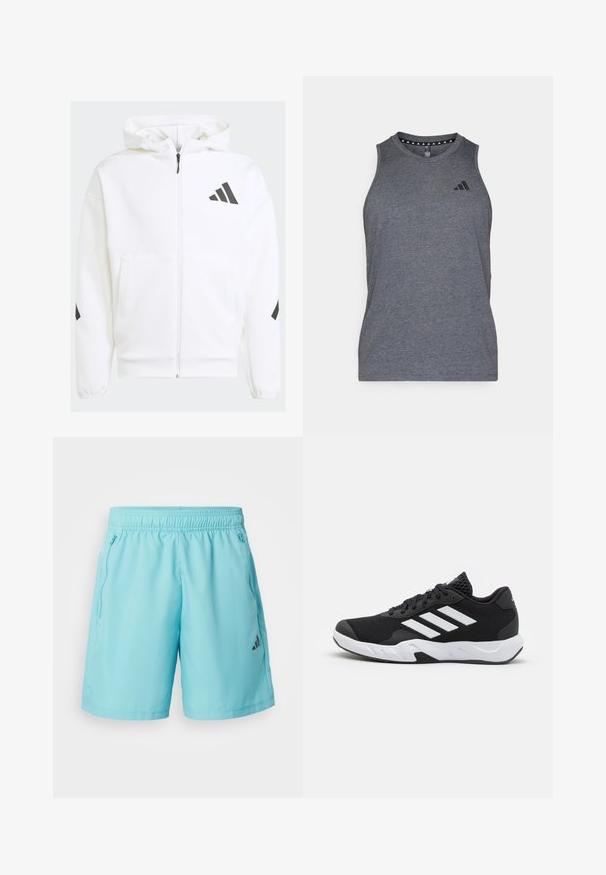Biela mikina na zips s kapucňou. Obsahuje čierne logo a akcenty na pleciach. Vyrobená z mäkkého materiálu, hladkej textúry. Obsahuje predné vrecká.; Sivý športový tielko vyrobené z ľahkej tkaniny, s okrúhlym výstrihom a čiernym logom značky na ľavej strane hrude.; adidas Performance TR-ES WV SHO - Športové šortky - mint ton/black; Čierne športové topánky s textúrovaným sieťovinovým zvrškom, bielymi akcentovými pruhmi, polstrovanou podrážkou a spevneným pätou pre podporu.