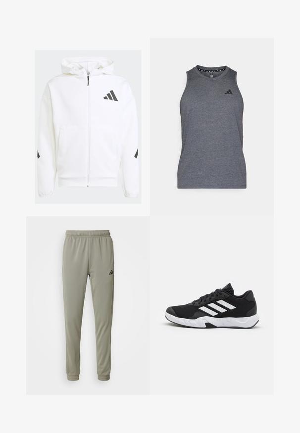 White zip-up hoodie with a hood. Features black logo and accents on shoulders. Made from soft material, smooth texture. Front pockets included.; Gray athletic tank top made from a lightweight fabric, featuring a round neckline and black brand logo on the left chest area.; Light green athletic pants with an elastic waistband, tapered legs, and black logo detail. Made from smooth, breathable fabric.; Black athletic shoes with a textured mesh upper, white accent stripes, a cushioned sole, and a reinforced heel for support.