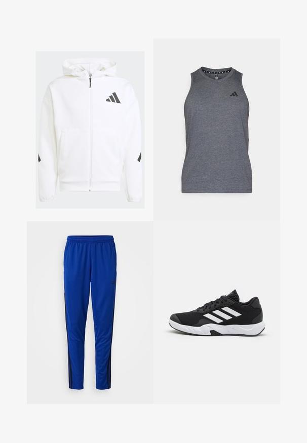 Biała bluza z zamkiem błyskawicznym i kapturem. Zawiera czarne logo oraz akcenty na ramionach. Wykonana z miękkiego materiału o gładkiej teksturze. Posiada kieszenie z przodu.; Szary sportowy top na ramiączkach wykonany z lekkiego materiału, z okrągłym dekoltem i czarnym logo marki po lewej stronie klatki piersiowej.; adidas Performance - Spodnie treningowe; Czarne buty sportowe z teksturowaną siateczką u góry, białymi paskami akcentującymi, amortyzującą podeszwą i wzmocnionym piętą dla wsparcia.
