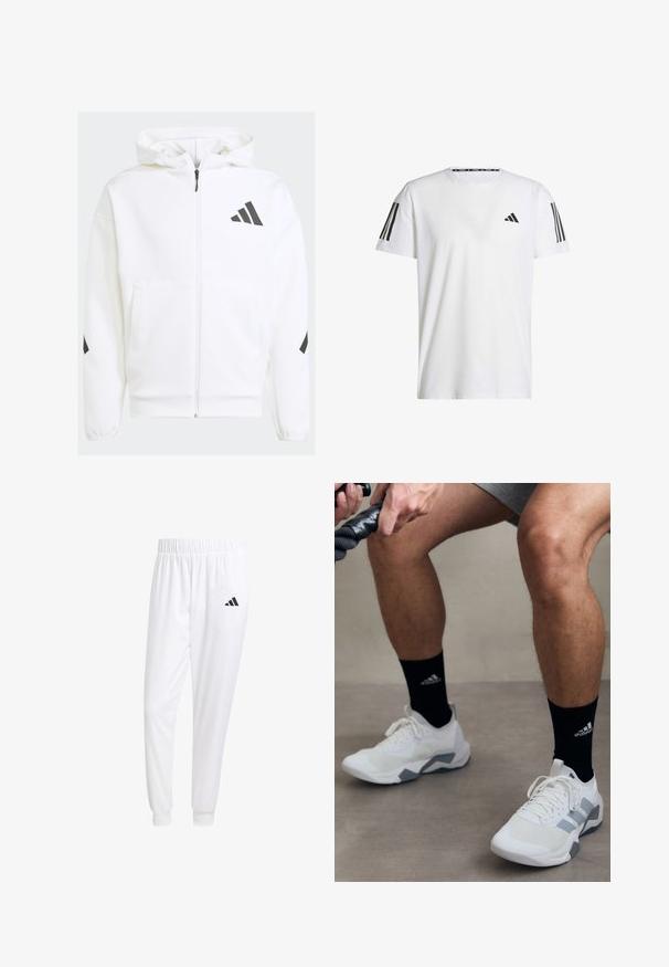 Sudadera blanca con cremallera y capucha. Presenta un logo negro y detalles en los hombros. Hecha de material suave, con textura lisa. Incluye bolsillos frontales.; Camiseta blanca de manga corta hecha de tejido transpirable, con un logo triangular negro y tres rayas negras en cada hombro.; Pantalones deportivos blancos de tela suave, con cinturilla elástica y puños ajustados, y un logo negro en el bolsillo trasero.; Zapatillas deportivas blancas con acentos grises, material texturizado y diseño con cordones. Llevadas con calcetines negros que presentan un logo.