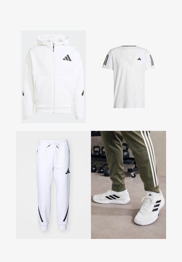 Balta kapuce ar rāvējslēdzēju. Izceļas ar melnu logo un akcentiem uz pleciem. Izgatavota no mīksta materiāla, gluda tekstūra. Iekļautas priekšējās kabatas.; Balts īsām piedurknēm T-krekls, kas izgatavots no elpojoša auduma, ar melnu trīsstūra logotipu un trim melnām svītrām uz katra pleca.; Baltas sporta bikses ar melniem akcentiem, izgatavotas no mīksta auduma, ar elastīgu jostu, aukliņu aizdari un sānu kabatām.; Baltas sporta apavi ar melnām svītrām, sietveida tekstūra un mīksta apkakle, pārī ar olīvu zaļām biksēm, kurām ir baltas sānu svītras.