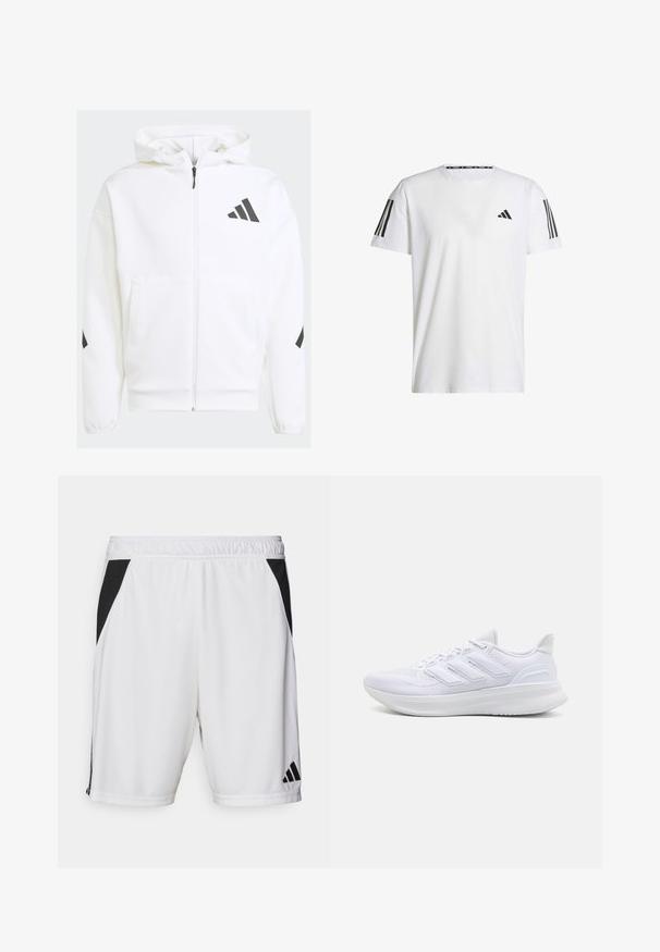 Sudadera blanca con cremallera y capucha. Presenta un logo negro y detalles en los hombros. Hecha de material suave, con textura lisa. Incluye bolsillos frontales.; Camiseta blanca de manga corta hecha de tejido transpirable, con un logo triangular negro y tres rayas negras en cada hombro.; Pantalones cortos deportivos blancos con un panel lateral negro, cintura elástica y logo de Adidas en la parte inferior de la pierna derecha. Fabricados con un tejido ligero.; Zapatillas deportivas blancas con una parte superior de malla texturizada, suela acolchada y soporte, y un diseño de tres rayas en el lateral.