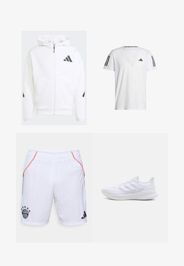 Sudadera blanca con cremallera y capucha. Presenta un logo negro y detalles en los hombros. Hecha de material suave, con textura lisa. Incluye bolsillos frontales.; Camiseta blanca de manga corta hecha de tejido transpirable, con un logo triangular negro y tres rayas negras en cada hombro.; Pantalones cortos deportivos blancos con acentos en negro y naranja. Presenta el logo del FC Bayern München y tres franjas negras en el lateral. Material ligero.; Zapatillas deportivas blancas con una parte superior de malla texturizada, suela acolchada y soporte, y un diseño de tres rayas en el lateral.