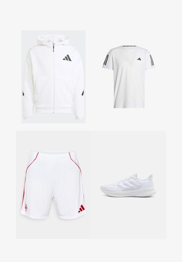 Weiße Zip-Hoodie mit Kapuze. Verfügt über schwarzes Logo und Akzente an den Schultern. Aus weichem Material mit glatter Textur gefertigt. Mit vorderen Taschen.; Weißes T-Shirt mit kurzen Ärmeln aus atmungsaktivem Stoff, featuring ein schwarzes dreieckiges Logo und drei schwarze Streifen auf jeder Schulter.; Weiße Sportshorts mit roten seitlichen Akzenten, elastischem Bund, versehen mit einem gestickten Teamlogo und dem Adidas-Logo am Saum.; Weiße Sportschuhe mit einem strukturierten Mesh-Obermaterial, einer stützenden gepolsterten Sohle und einem drei Streifen-Design an der Seite.