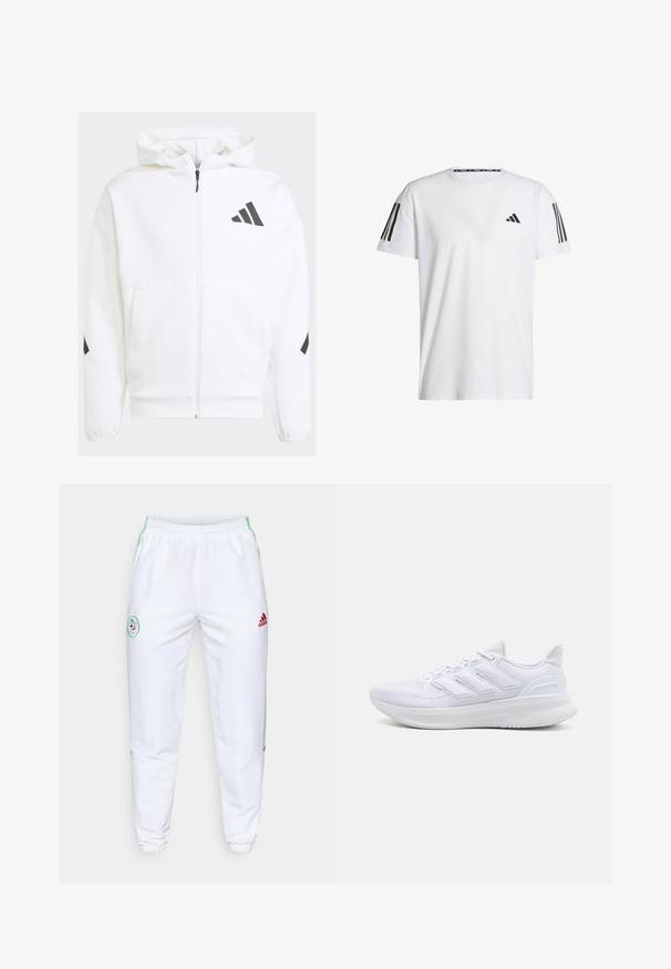 Witte zip-up hoodie met een capuchon. Kenmerkt zich door een zwart logo en accenten op de schouders. Gemaakt van zacht materiaal met een gladde textuur. Inclusief zakken aan de voorkant.; Witte T-shirt met korte mouwen, gemaakt van ademend materiaal, met een zwart driehoekig logo en drie zwarte strepen op elke schouder.; Witte sportbroek met elastische tailleband, groene zijstripes en rood Adidas-logo. Heeft een ronde geborduurde patch op de dij.; Witte sportschoenen met een gestructureerde mesh bovenkant, een ondersteunende gevoerde zool en een ontwerp met drie strepen aan de zijkant.