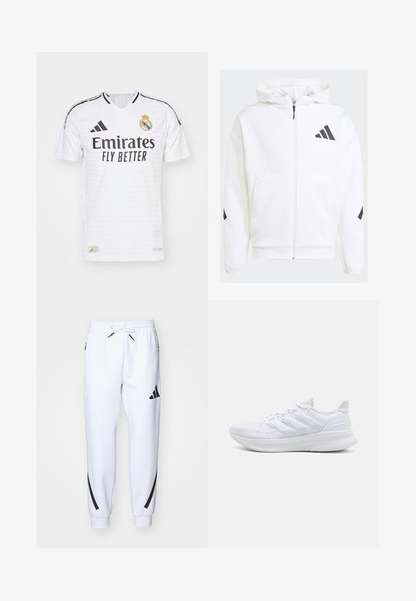 Hvid zip-up hættejakke med hætte. Har sort logo og accenter på skuldrene. Fremstillet af blødt materiale med glat tekstur. Foran er der lommer.; Hvid fodboldtrøje med V-hals, sorte stribede detaljer, "Emirates Fly Better" logo, Real Madrid skjold og tekstureret stof.; Hvide atletiske joggingbukser med sorte accenter, lavet af blødt stof, med elastisk talje, snorelukning og sidelommer.; Hvide sportssko med en tekstureret mesh-overdel, en støttende polstret sål og et tre-stripes design på siden.