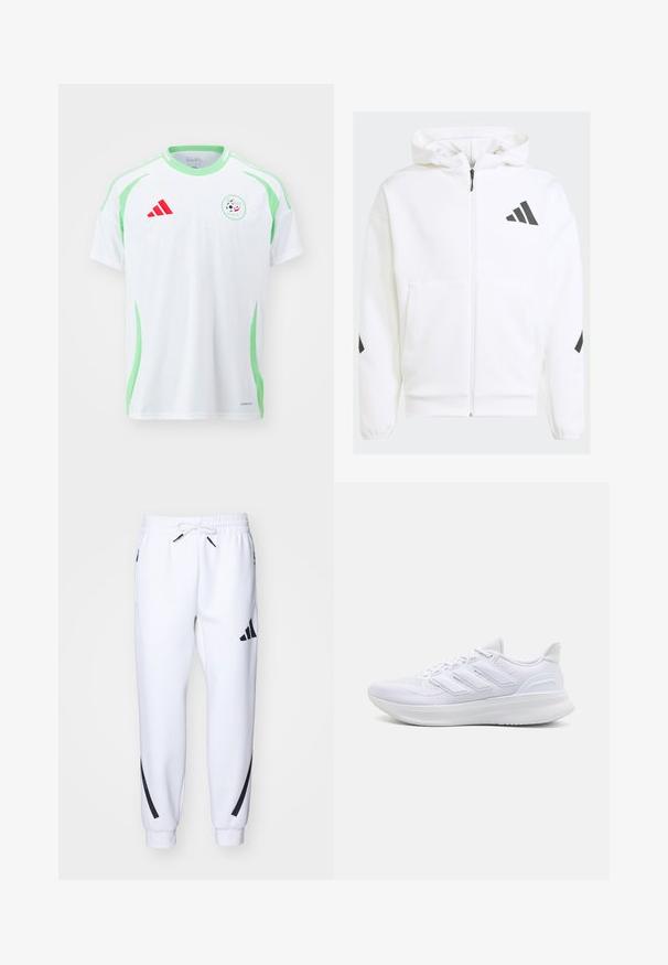 Weiße Zip-Hoodie mit Kapuze. Verfügt über schwarzes Logo und Akzente an den Schultern. Aus weichem Material mit glatter Textur gefertigt. Mit vorderen Taschen.; Weißes Fußballtrikot mit kurzen Ärmeln, grünen Akzenten, rotem Adidas-Logo und dem Nationalwappen Algeriens, das einen Fußball und die Flagge zeigt.; Weiße sportliche Jogginghosen mit schwarzen Akzenten, aus weichem Stoff, mit elastischem Bund, Kordelzugverschluss und Seitentaschen.; Weiße Sportschuhe mit einem strukturierten Mesh-Obermaterial, einer stützenden gepolsterten Sohle und einem drei Streifen-Design an der Seite.