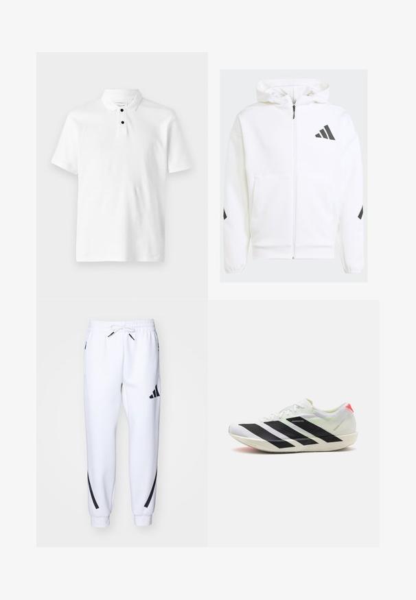 Weiße Zip-Hoodie mit Kapuze. Verfügt über schwarzes Logo und Akzente an den Schultern. Aus weichem Material mit glatter Textur gefertigt. Mit vorderen Taschen.; Weißes Poloshirt aus strukturiertem Stoff, mit kurzen Ärmeln, einem umgeschlagenen Kragen und drei schwarzen Knöpfen am Halsausschnitt.; Weiße sportliche Jogginghosen mit schwarzen Akzenten, aus weichem Stoff, mit elastischem Bund, Kordelzugverschluss und Seitentaschen.; Weißer Sportschuh mit schwarzen diagonalen Streifen, leichtem Mesh-Material, grünen Akzenten und rotem Fersenbereich; zeichnet sich durch ein schlankes, verlängertes Design aus.