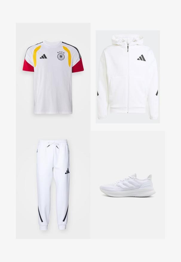 White zip-up hoodie with a hood. Features black logo and accents on shoulders. Made from soft material, smooth texture. Front pockets included.; White sports jersey with black, red, and yellow accents, featuring short sleeves, crew neck, and the German national football badge.; White athletic joggers with black accents, made from soft fabric, featuring an elastic waistband, drawstring closure, and side pockets.; White athletic shoes featuring a textured mesh upper, supportive cushioned sole, and three stripe design on the side.