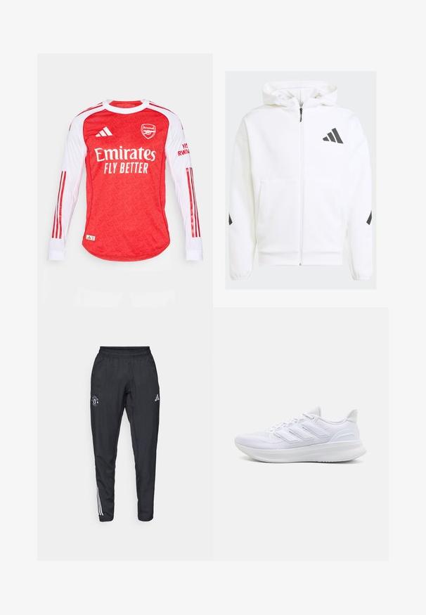 Sudadera blanca con cremallera y capucha. Presenta un logo negro y detalles en los hombros. Hecha de material suave, con textura lisa. Incluye bolsillos frontales.; Jersey rojo de manga larga con textura estampada, mangas blancas y rayas rojas. Presenta el logo del Arsenal y el texto "Emirates Fly Better".; Pantalones deportivos negros con cinturilla elástica, logo bordado en el muslo y rayas blancas que recorren los lados.; Zapatillas deportivas blancas con una parte superior de malla texturizada, suela acolchada y soporte, y un diseño de tres rayas en el lateral.