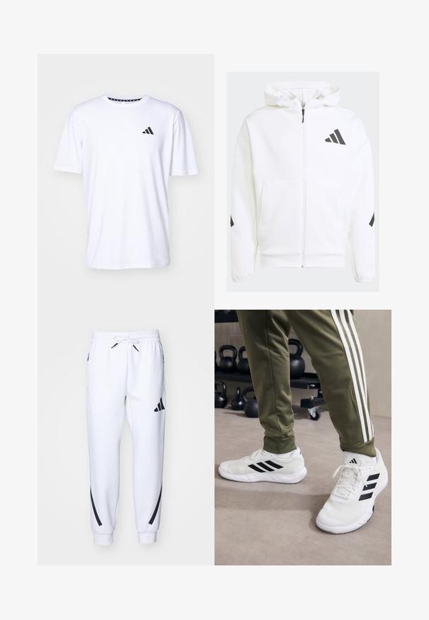 Witte zip-up hoodie met een capuchon. Kenmerkt zich door een zwart logo en accenten op de schouders. Gemaakt van zacht materiaal met een gladde textuur. Inclusief zakken aan de voorkant.; Witte T-shirt met korte mouwen, gemaakt van stof met een gladde textuur. Heeft een zwart adidas-logo op de linkerborst en een geborduurde kraag.; Witte sportieve joggers met zwarte accenten, gemaakt van zachte stof, met een elastische tailleband, trekkoordsluiting en zijzakken.; Witte sportieve schoenen met zwarte strepen, mesh textuur en een gevoerde kraag, gecombineerd met olijfgroene broek met witte zijstrepen.