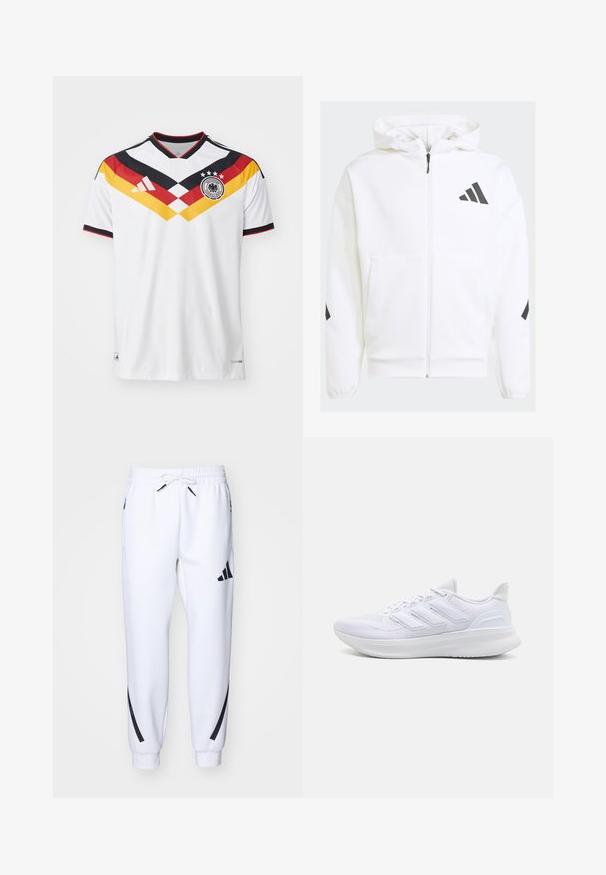 Felpa bianca con zip e cappuccio. Presenta un logo nero e dettagli neri sulle spalle. Realizzata in materiale morbido, con una texture liscia. Tasche frontali incluse.; Maglia da football bianca con scollo a V, caratterizzata da strisce diagonali nere, rosse e gialle, un logo della squadra e un motivo a trama.; Pantaloni da jogging bianchi con dettagli neri, realizzati in tessuto morbido, dotati di vita elasticizzata, chiusura con cordoncino e tasche laterali.; Scarpe sportive bianche con tomaia in mesh texturato, suola ammortizzata e supportiva, e design a tre strisce sul lato.