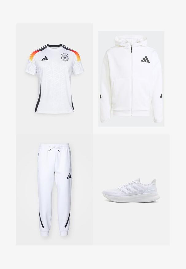 Sudadera blanca con cremallera y capucha. Presenta un logo negro y detalles en los hombros. Hecha de material suave, con textura lisa. Incluye bolsillos frontales.; Camiseta de fútbol blanca con acentos negros, diseño de hombro en degradado naranja-amarillo, tres estrellas y un patrón geométrico texturizado.; Pantalones deportivos blancos con detalles en negro, confeccionados en una tela suave, que cuentan con una cintura elástica, cierre con cordón y bolsillos laterales.; Zapatillas deportivas blancas con una parte superior de malla texturizada, suela acolchada y soporte, y un diseño de tres rayas en el lateral.