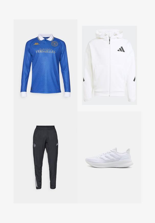 Felpa bianca con zip e cappuccio. Presenta un logo nero e dettagli neri sulle spalle. Realizzata in materiale morbido, con una texture liscia. Tasche frontali incluse.; Maglia da calcio a maniche lunghe blu con colletto bianco, caratterizzata da loghi e testo dorati, un motivo diagonale testurizzato e polsini bianchi a contrasto.; Pantaloni sportivi neri con vita elastica, logo ricamato sulla coscia e strisce bianche che scorrono lungo i lati.; Scarpe sportive bianche con tomaia in mesh texturato, suola ammortizzata e supportiva, e design a tre strisce sul lato.