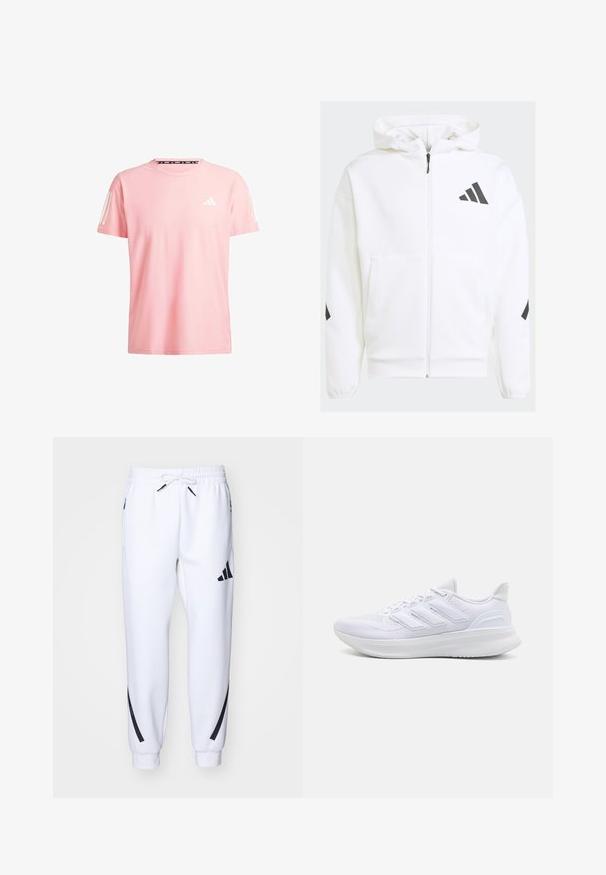 Veste à capuche blanche zippée. Caractéristiques : logo noir et accents sur les épaules. Fabriquée en matériau doux, texture lisse. Poches avant incluses.; adidas Performance OTR B - T-shirt de sport - semi pink spark; Jogging blanc athlétique avec accents noirs, fabriqués en tissu doux, dotés d'une taille élastique, d'une fermeture à cordon de serrage et de poches latérales.; Chaussures de sport blanches avec un dessus en mesh texturé, une semelle rembourrée et un design à trois bandes sur le côté.