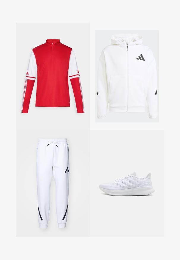 Felpa bianca con zip e cappuccio. Presenta un logo nero e dettagli neri sulle spalle. Realizzata in materiale morbido, con una texture liscia. Tasche frontali incluse.; Maglietta sportiva rossa a maniche lunghe con collo a zip quarti, maniche bianche, tre strisce bianche sulle spalle e logo Adidas sulle maniche.; Pantaloni da jogging bianchi con dettagli neri, realizzati in tessuto morbido, dotati di vita elasticizzata, chiusura con cordoncino e tasche laterali.; Scarpe sportive bianche con tomaia in mesh texturato, suola ammortizzata e supportiva, e design a tre strisce sul lato.