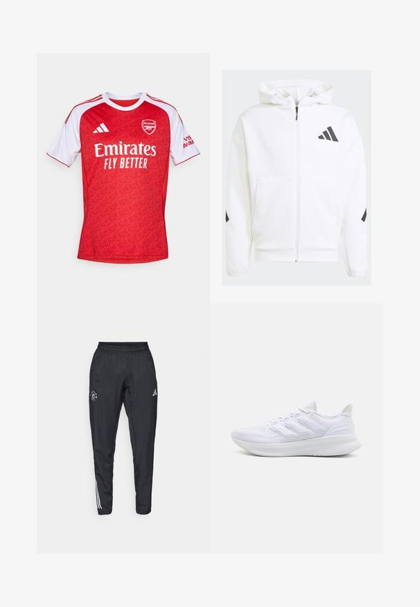 White zip-up hoodie with a hood. Features black logo and accents on shoulders. Made from soft material, smooth texture. Front pockets included.; Red football jersey with white accents, featuring a geometric pattern, round neck, and the Arsenal logo, along with "Emirates Fly Better" branding.; Black athletic pants featuring an elastic waistband, embroidered logo on the thigh, and white stripes running down the sides.; White athletic shoes featuring a textured mesh upper, supportive cushioned sole, and three stripe design on the side.