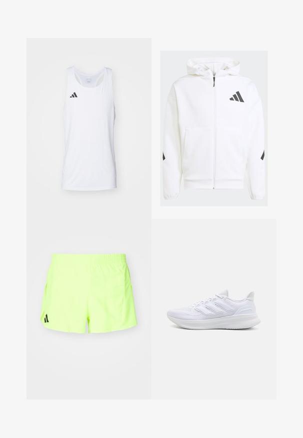 White zip-up hoodie with a hood. Features black logo and accents on shoulders. Made from soft material, smooth texture. Front pockets included.; White sleeveless athletic tank top made of lightweight fabric, featuring black Adidas logo on the left chest and a scoop neckline.; Neon yellow athletic shorts with an elastic waistband, side pockets, and a black logo at the lower left. Smooth, lightweight fabric.; White athletic shoes featuring a textured mesh upper, supportive cushioned sole, and three stripe design on the side.