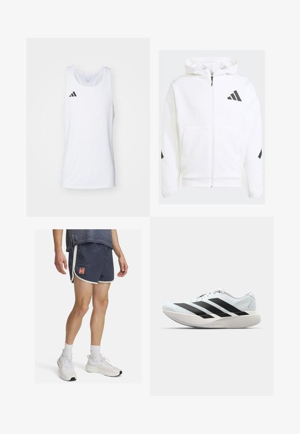 Witte zip-up hoodie met een capuchon. Kenmerkt zich door een zwart logo en accenten op de schouders. Gemaakt van zacht materiaal met een gladde textuur. Inclusief zakken aan de voorkant.; Witte mouwloze sport tanktop van lichtgewicht stof, met het zwarte Adidas-logo op de linkerborst en een ronde halslijn.; Marineblauwe sportshorts met witte accenten en een Under Armour-logo. Lichtgewicht stof met een gestructureerd oppervlak, ontworpen voor comfort tijdens fysieke activiteit.; Lichte hardloopschoenen in lichtblauw met zwarte strepen. Beschikt over een soepele bovenkant, ronde neusstuk en dikke witte tussenzool met het label "LIGHTSTRIKE PRO."