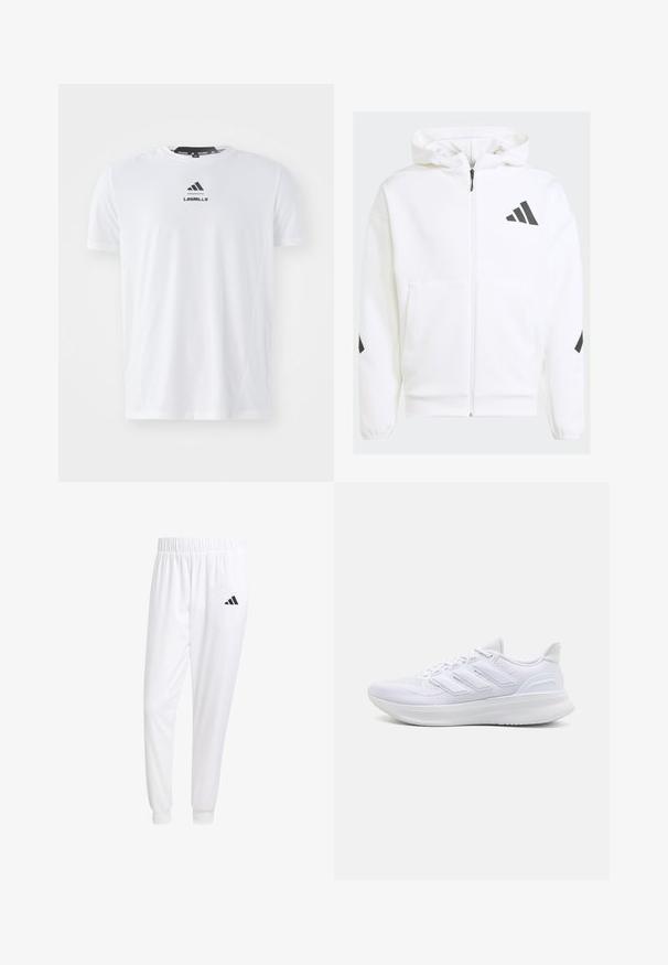 Bílá mikina na zip s kapucí. Má černé logo a akcenty na ramenou. Je vyrobena z měkkého materiálu s hladkou texturou. Obsahuje přední kapsy.; Bílý sportovní tričko vyrobené z lehkého materiálu. Má kulatý výstřih, krátké rukávy a černé logo "LES MILLS" na přední straně.; Bílé sportovní kalhoty vyrobené z hladkého materiálu, s elastickým pasem a přiléhavými manžetami, s černým logem na zadní kapse.; Bílé sportovní boty s texturovaným síťovaným svrškem, podpůrnou polstrovanou podrážkou a třemi pruhy na boku.