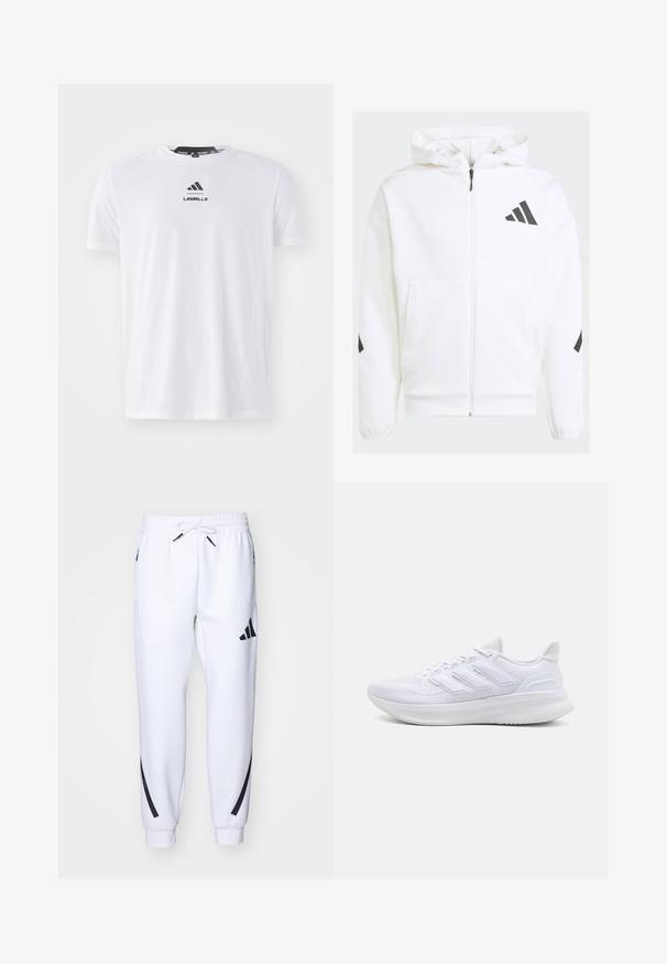 White zip-up hoodie with a hood. Features black logo and accents on shoulders. Made from soft material, smooth texture. Front pockets included.; White athletic t-shirt made of lightweight fabric. Features a round neckline, short sleeves, and black "LES MILLS" logo on the front.; White athletic joggers with black accents, made from soft fabric, featuring an elastic waistband, drawstring closure, and side pockets.; White athletic shoes featuring a textured mesh upper, supportive cushioned sole, and three stripe design on the side.