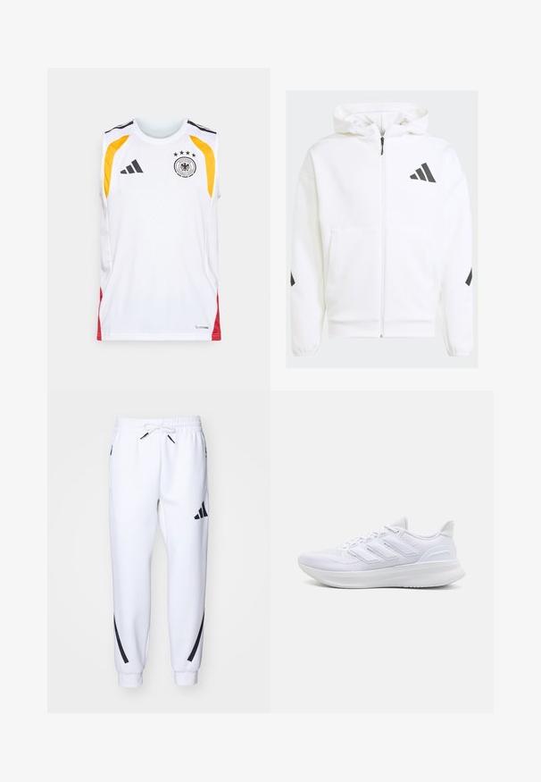 White zip-up hoodie with a hood. Features black logo and accents on shoulders. Made from soft material, smooth texture. Front pockets included.; White sleeveless jersey with black accents, yellow and red side panels, featuring a logo and four stars above it, and "Climacool" label.; White athletic joggers with black accents, made from soft fabric, featuring an elastic waistband, drawstring closure, and side pockets.; White athletic shoes featuring a textured mesh upper, supportive cushioned sole, and three stripe design on the side.