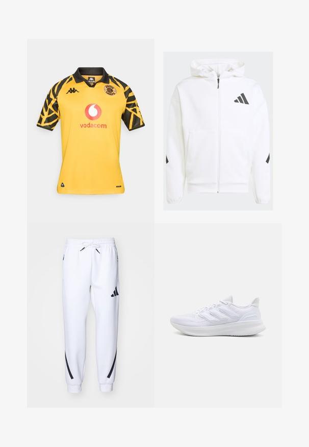 White zip-up hoodie with a hood. Features black logo and accents on shoulders. Made from soft material, smooth texture. Front pockets included.; Yellow short-sleeve soccer jersey with black accents and a unique patterned design on sleeves. Features logos and a collar. Lightweight material.; White athletic joggers with black accents, made from soft fabric, featuring an elastic waistband, drawstring closure, and side pockets.; White athletic shoes featuring a textured mesh upper, supportive cushioned sole, and three stripe design on the side.