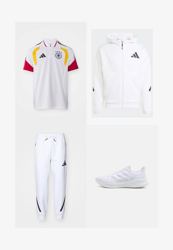 White zip-up hoodie with a hood. Features black logo and accents on shoulders. Made from soft material, smooth texture. Front pockets included.; White polo shirt with black stripes on the shoulders and red sleeves. Features yellow accents, a quarter zip, and the German national team logo.; White athletic joggers with black accents, made from soft fabric, featuring an elastic waistband, drawstring closure, and side pockets.; White athletic shoes featuring a textured mesh upper, supportive cushioned sole, and three stripe design on the side.