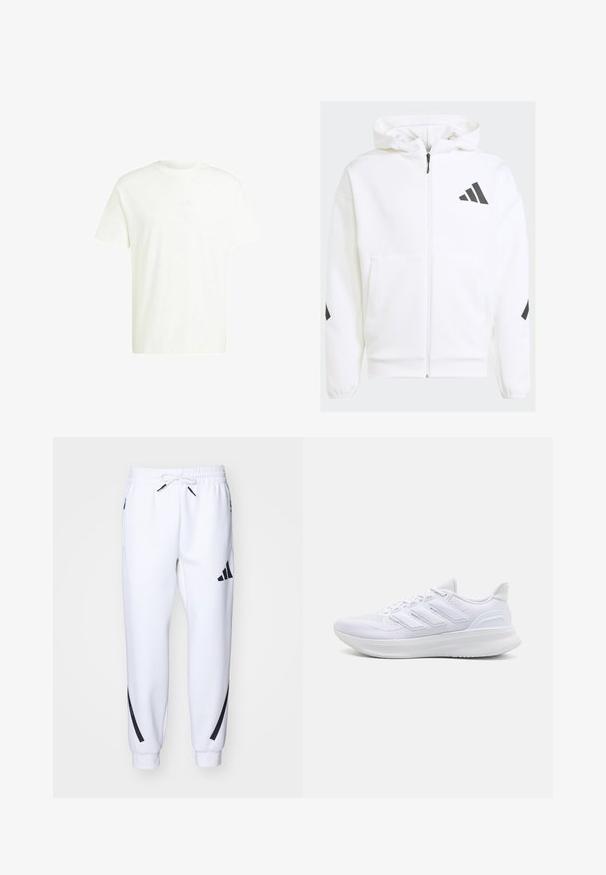 Sudadera blanca con cremallera y capucha. Presenta un logo negro y detalles en los hombros. Hecha de material suave, con textura lisa. Incluye bolsillos frontales.; Camiseta de algodón blanca de manga corta con cuello redondo y un sutil logo en relieve en la parte frontal. Textura suave y corte holgado.; Pantalones deportivos blancos con detalles en negro, confeccionados en una tela suave, que cuentan con una cintura elástica, cierre con cordón y bolsillos laterales.; Zapatillas deportivas blancas con una parte superior de malla texturizada, suela acolchada y soporte, y un diseño de tres rayas en el lateral.