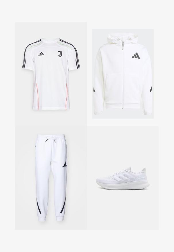 Sudadera blanca con cremallera y capucha. Presenta un logo negro y detalles en los hombros. Hecha de material suave, con textura lisa. Incluye bolsillos frontales.; Camiseta blanca de Adidas del Juventus con franjas negras en los hombros, acentos verdes y costuras laterales rojas. Presenta un cuello redondo y un logotipo.; Pantalones deportivos blancos con detalles en negro, confeccionados en una tela suave, que cuentan con una cintura elástica, cierre con cordón y bolsillos laterales.; Zapatillas deportivas blancas con una parte superior de malla texturizada, suela acolchada y soporte, y un diseño de tres rayas en el lateral.