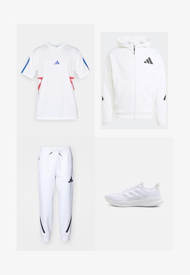 White zip-up hoodie with a hood. Features black logo and accents on shoulders. Made from soft material, smooth texture. Front pockets included.; White athletic shirt made of lightweight mesh, featuring blue accents on the sleeves and red triangular designs on the sides. Adidas logo displayed.; White athletic joggers with black accents, made from soft fabric, featuring an elastic waistband, drawstring closure, and side pockets.; White athletic shoes featuring a textured mesh upper, supportive cushioned sole, and three stripe design on the side.