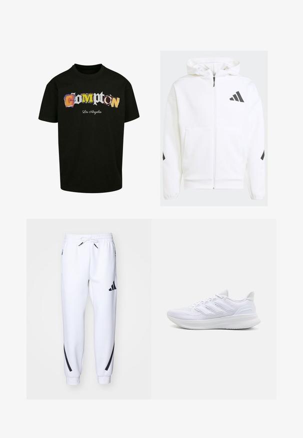Weiße Zip-Hoodie mit Kapuze. Verfügt über schwarzes Logo und Akzente an den Schultern. Aus weichem Material mit glatter Textur gefertigt. Mit vorderen Taschen.; Schwarz, kurzärmliges T-Shirt mit mehrfarbigem, ausgeschnittenem Text "Compton Los Angeles" auf der Vorderseite. Aus Baumwollmaterial.; Weiße sportliche Jogginghosen mit schwarzen Akzenten, aus weichem Stoff, mit elastischem Bund, Kordelzugverschluss und Seitentaschen.; Weiße Sportschuhe mit einem strukturierten Mesh-Obermaterial, einer stützenden gepolsterten Sohle und einem drei Streifen-Design an der Seite.