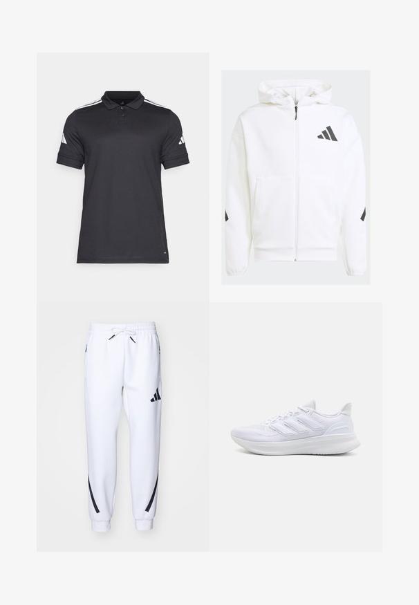Sudadera blanca con cremallera y capucha. Presenta un logo negro y detalles en los hombros. Hecha de material suave, con textura lisa. Incluye bolsillos frontales.; Camisa polo negra con cuello clásico, tapeta de tres botones, mangas cortas y acentos de rayas blancas en los hombros. Hecha de una tela transpirable.; Pantalones deportivos blancos con detalles en negro, confeccionados en una tela suave, que cuentan con una cintura elástica, cierre con cordón y bolsillos laterales.; Zapatillas deportivas blancas con una parte superior de malla texturizada, suela acolchada y soporte, y un diseño de tres rayas en el lateral.