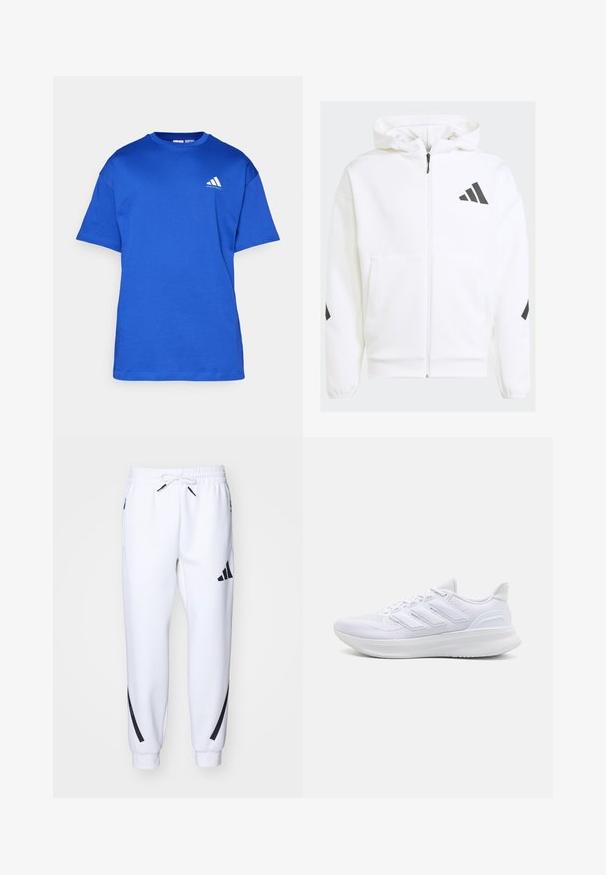 Veste à capuche blanche zippée. Caractéristiques : logo noir et accents sur les épaules. Fabriquée en matériau doux, texture lisse. Poches avant incluses.; T-shirt en coton bleu avec un col rond, des manches courtes, et un logo Adidas blanc sur le côté gauche de la poitrine. Texture lisse, design décontracté.; Jogging blanc athlétique avec accents noirs, fabriqués en tissu doux, dotés d'une taille élastique, d'une fermeture à cordon de serrage et de poches latérales.; Chaussures de sport blanches avec un dessus en mesh texturé, une semelle rembourrée et un design à trois bandes sur le côté.