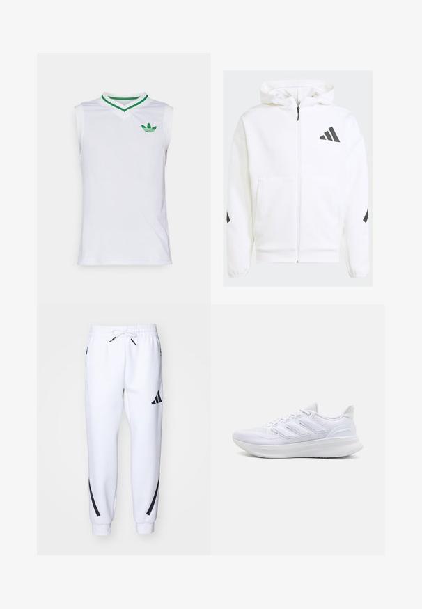 Weiße Zip-Hoodie mit Kapuze. Verfügt über schwarzes Logo und Akzente an den Schultern. Aus weichem Material mit glatter Textur gefertigt. Mit vorderen Taschen.; Ärmelloses weißes Sportoberteil mit V-Ausschnitt, grünen Kragenakzenten und einem kleinen grünen Logo auf der Brust. Mesh-Struktur für Atmungsaktivität.; Weiße sportliche Jogginghosen mit schwarzen Akzenten, aus weichem Stoff, mit elastischem Bund, Kordelzugverschluss und Seitentaschen.; Weiße Sportschuhe mit einem strukturierten Mesh-Obermaterial, einer stützenden gepolsterten Sohle und einem drei Streifen-Design an der Seite.